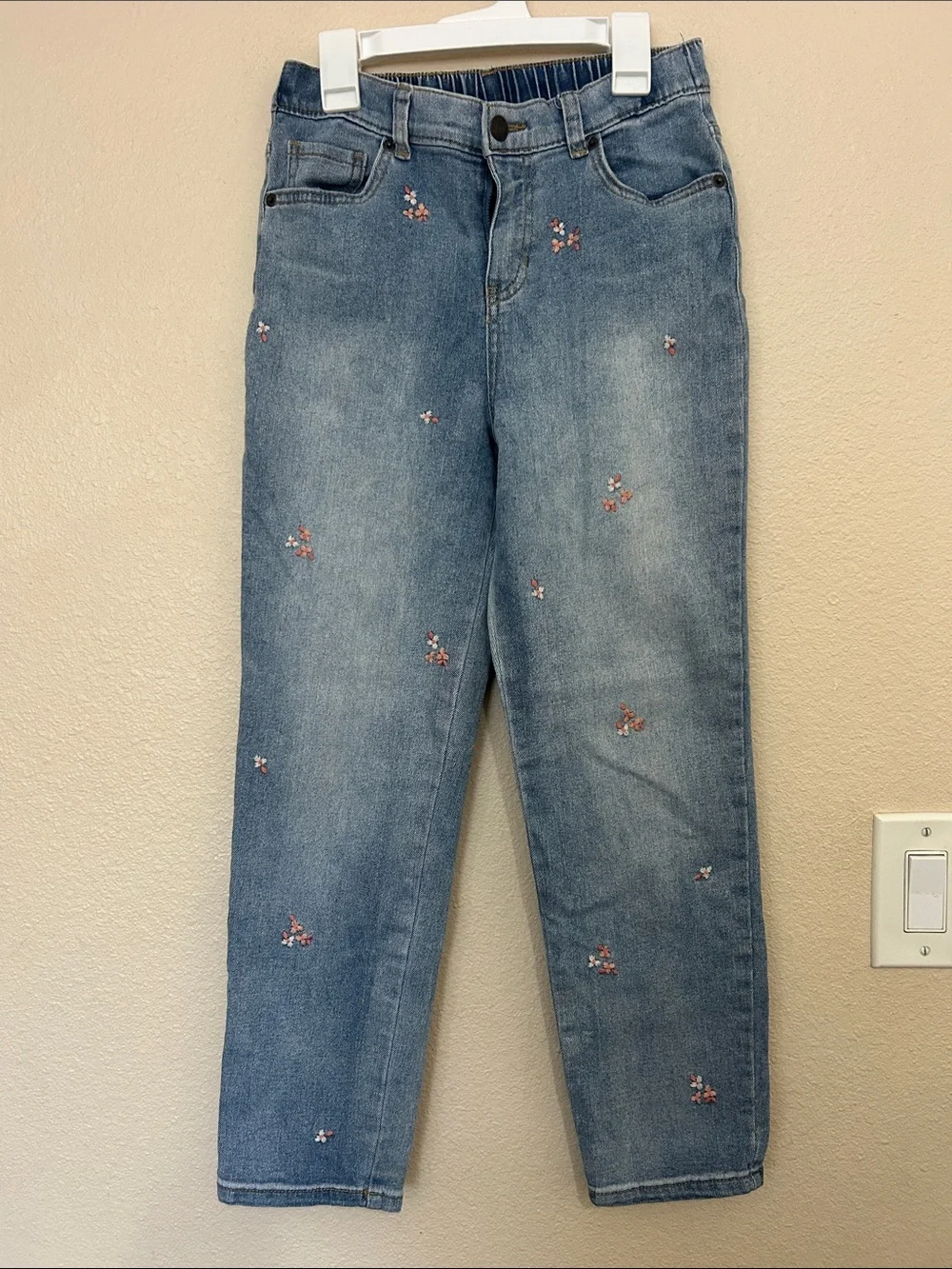 Cat & Jack Light Blue Straight-Leg Jeans with Pink Floral Embroidery